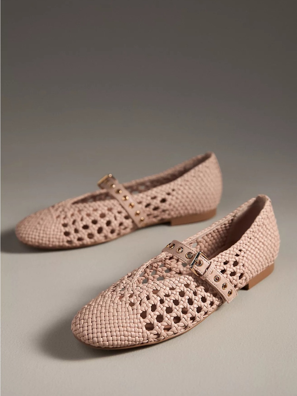 Anthropologie “Della Ballerina” woven moto ballet Mary Jane flats in nude blush